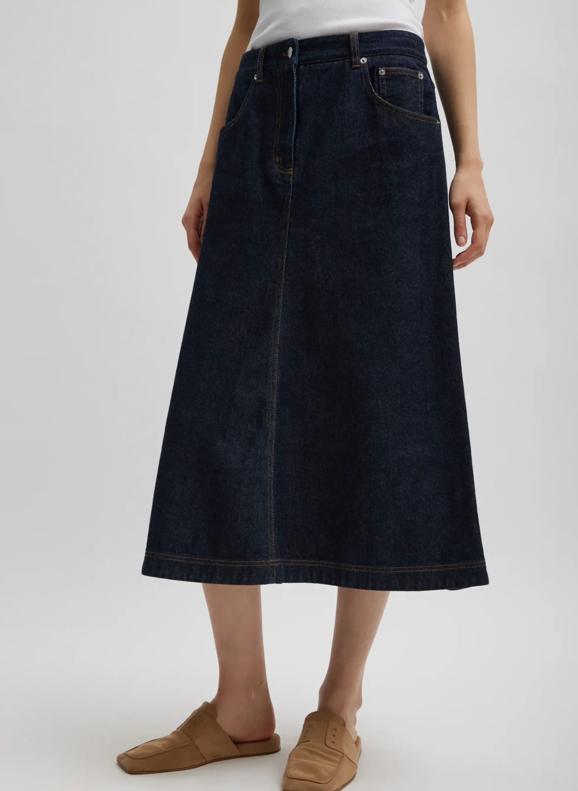 Indigo Denim Midi A-Line Skirt-Tibi Discount