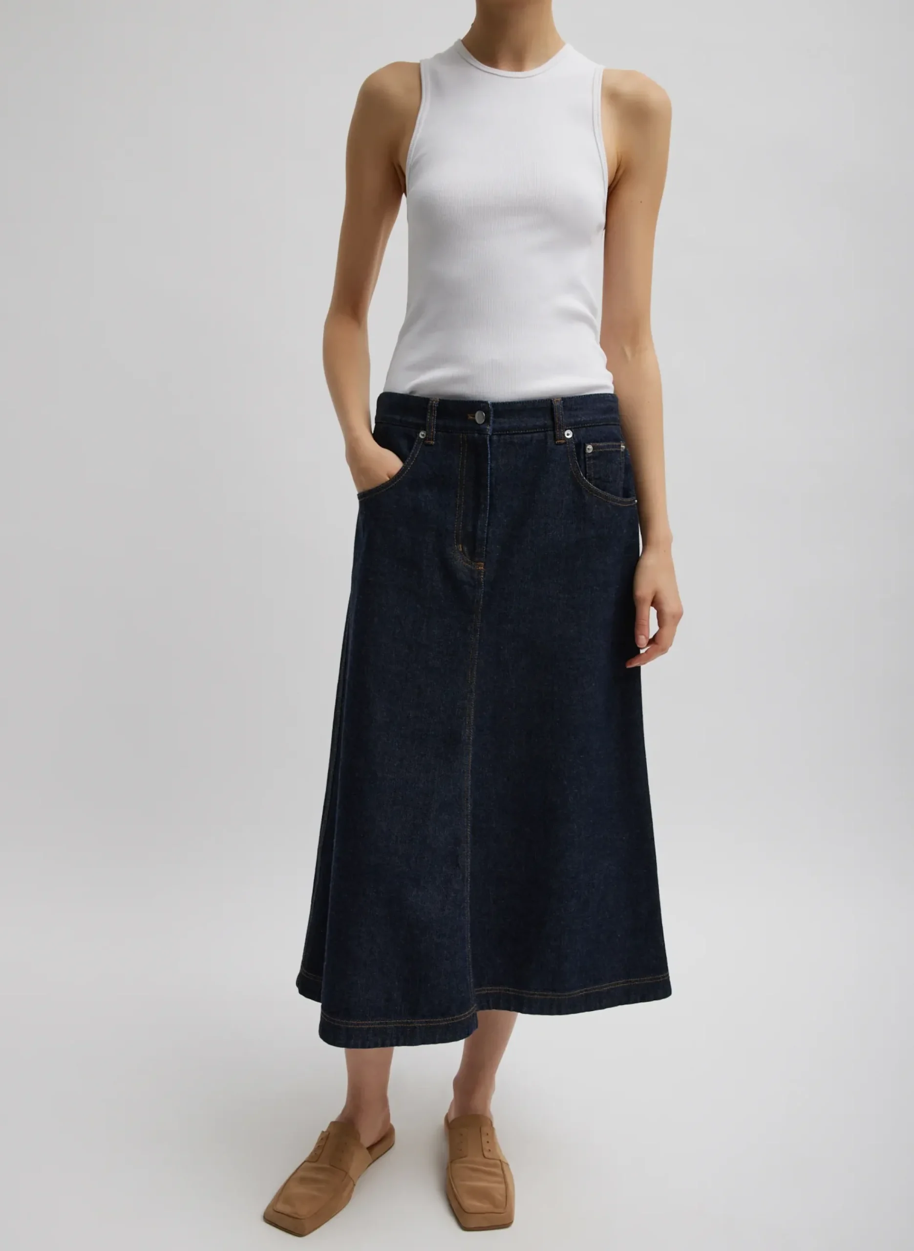 Indigo Denim Midi A-Line Skirt-Tibi Discount