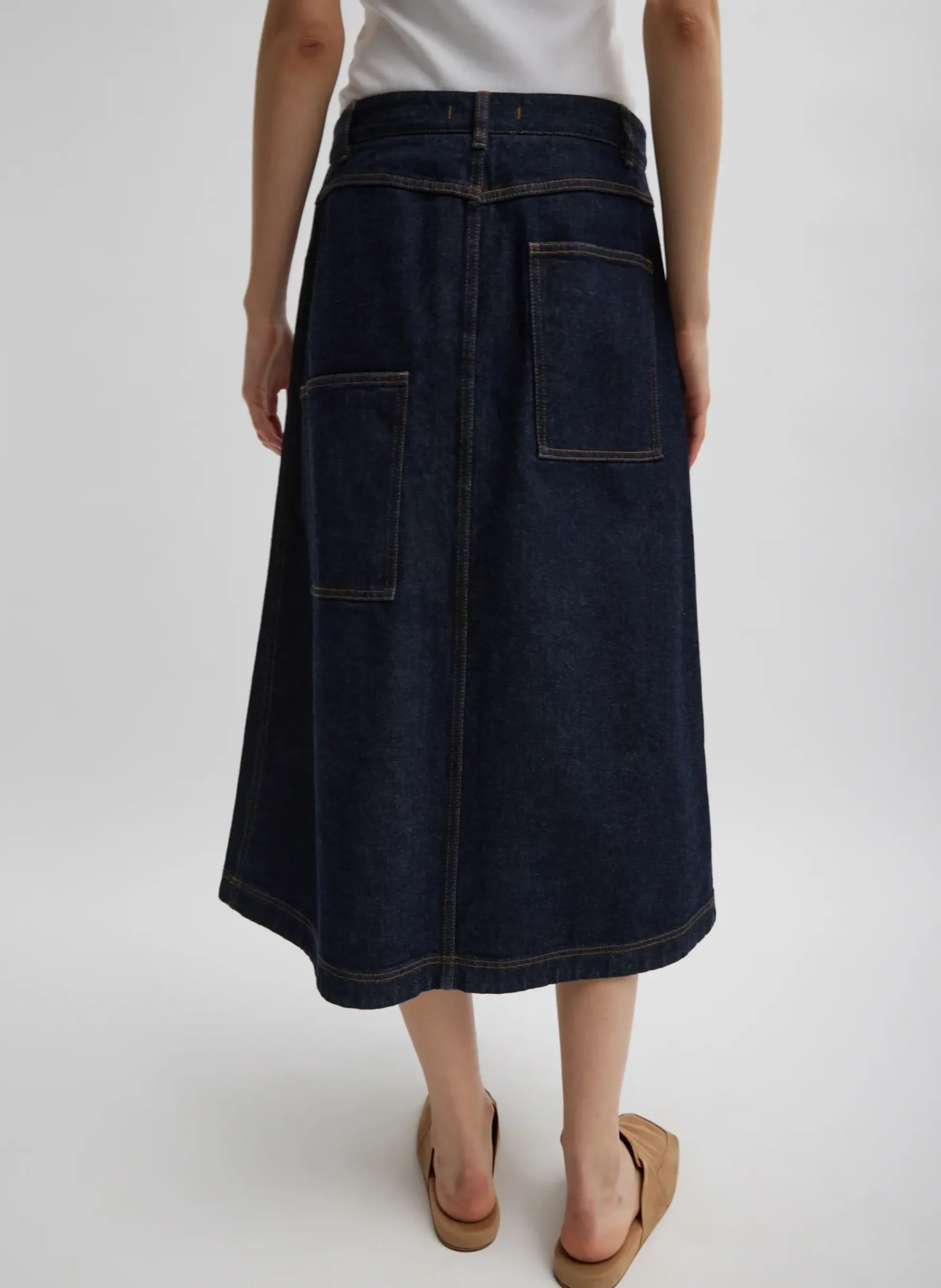 Indigo Denim Midi A-Line Skirt-Tibi Discount