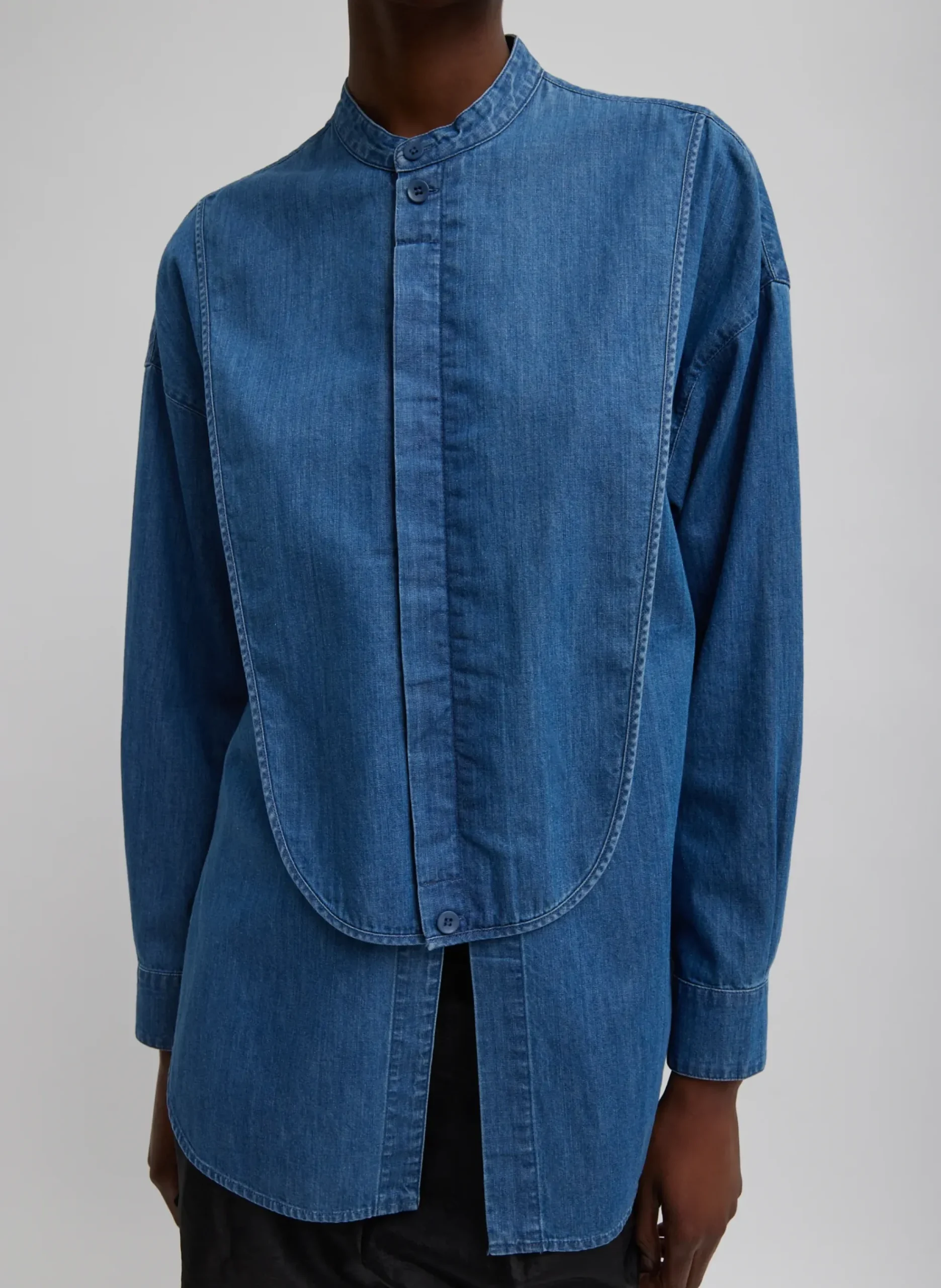 Light Weight Stone Wash Denim Tuxedo Shirt-Tibi Outlet