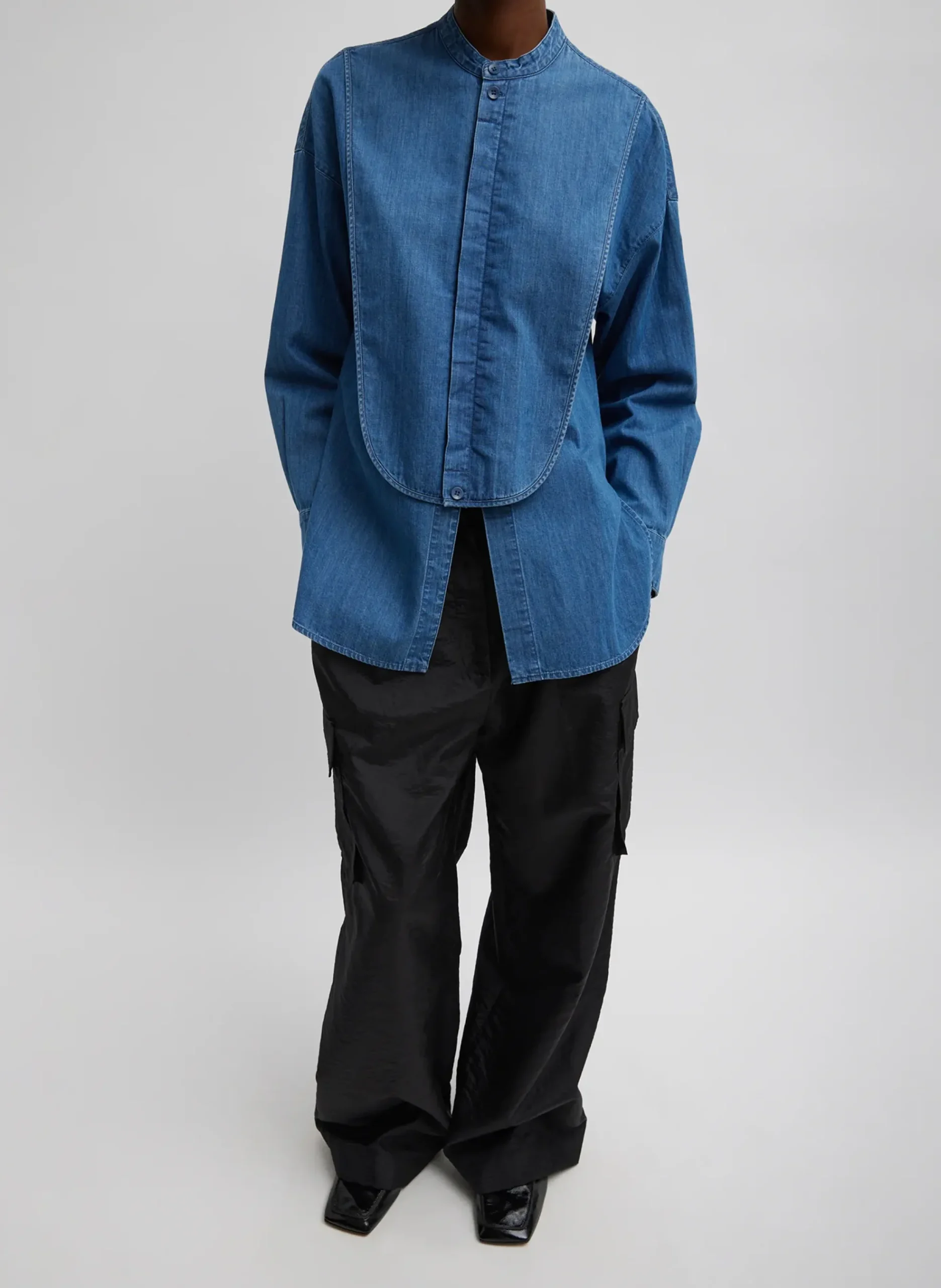 Light Weight Stone Wash Denim Tuxedo Shirt-Tibi Outlet
