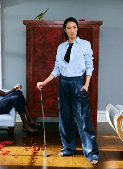 Shiny Nylon Pleated Stella Cargo Pant-Tibi Hot