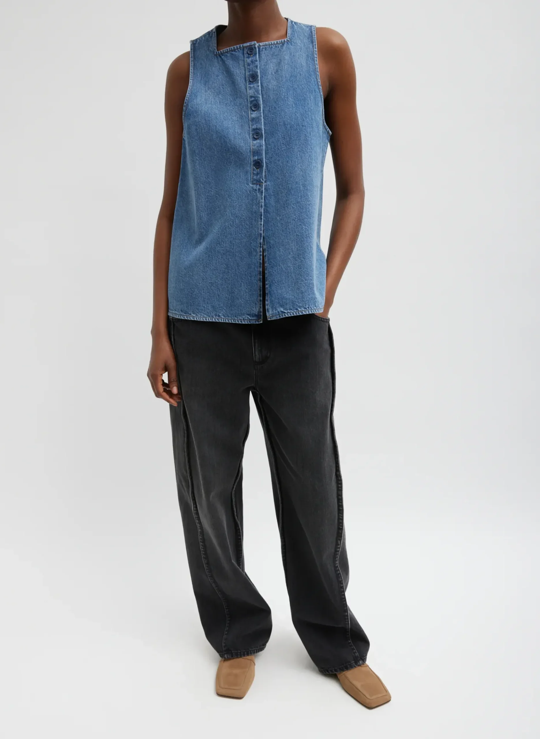 Spring Denim Slit Front Sleeveless Top-Tibi Best