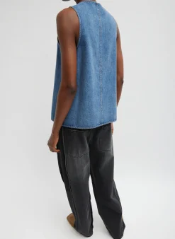 Spring Denim Slit Front Sleeveless Top-Tibi Best
