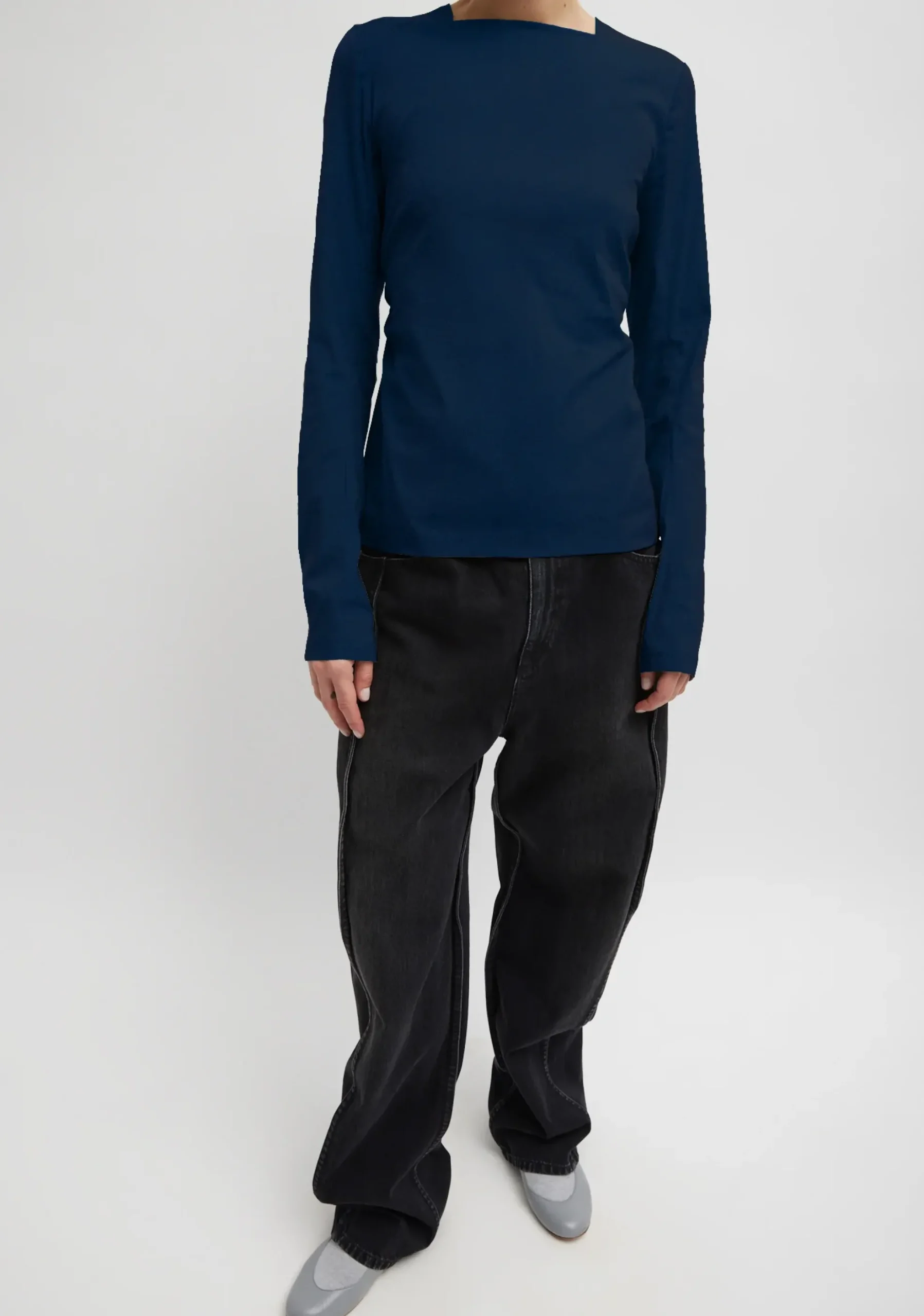 Stretch Cotton Nylon Square Neck Slim Circular Sleeve Top-Tibi Sale