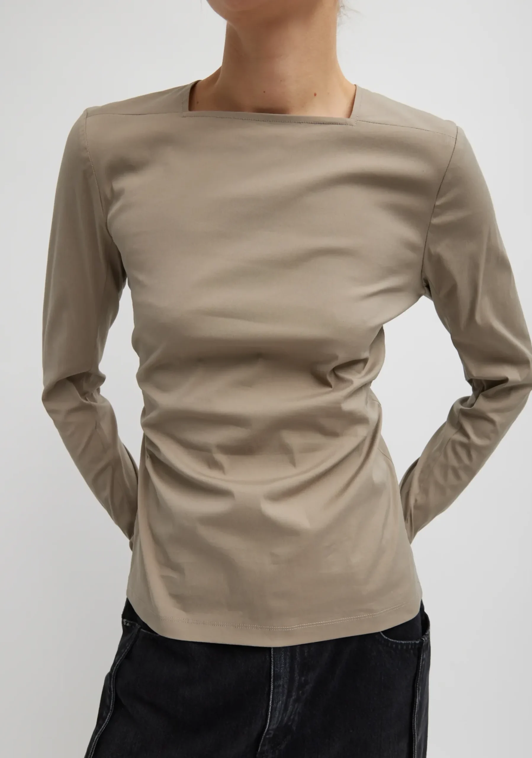Stretch Cotton Nylon Square Neck Slim Circular Sleeve Top-Tibi Sale