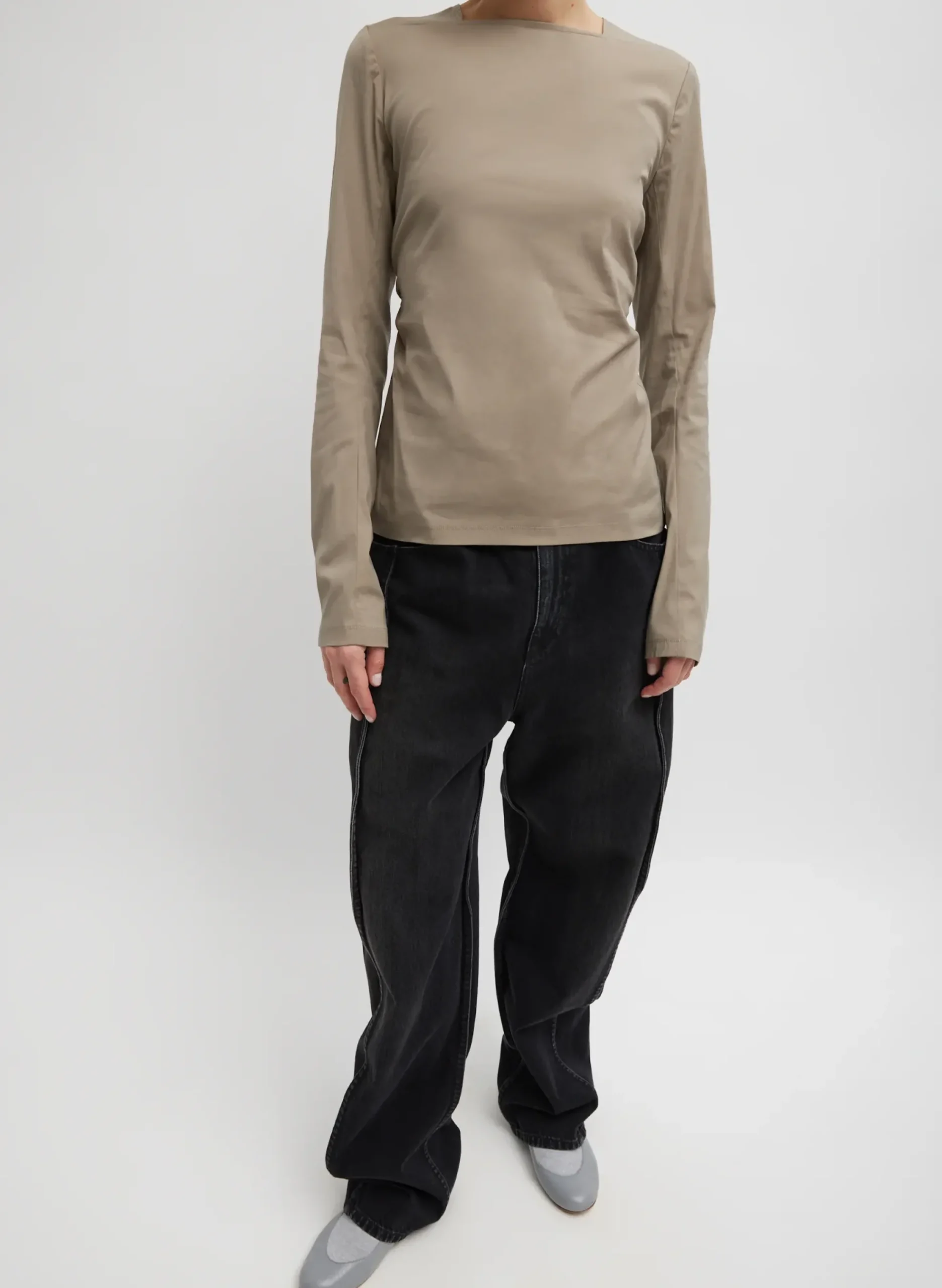 Stretch Cotton Nylon Square Neck Slim Circular Sleeve Top-Tibi Sale